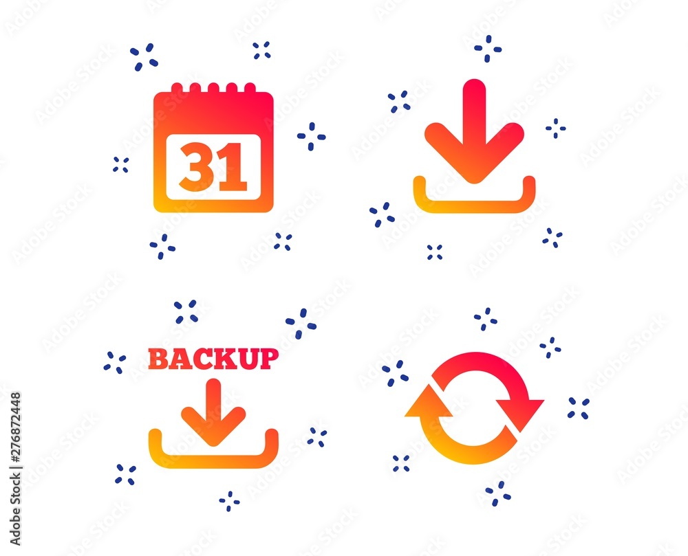 Poster download and backup data icons. calendar and rotation arrows sign symbols. random dynamic shapes. gr