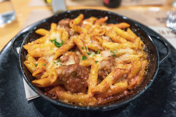 Pasta with meat served at a Spanish restaurant from Valencia