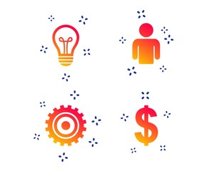Business icons. Human silhouette and lamp bulb idea signs. Dollar currency and gear symbols. Random dynamic shapes. Gradient business icon. Vector