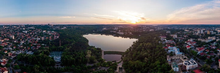 Panorama aerial drone shot of Valea Morilor park at sunset
