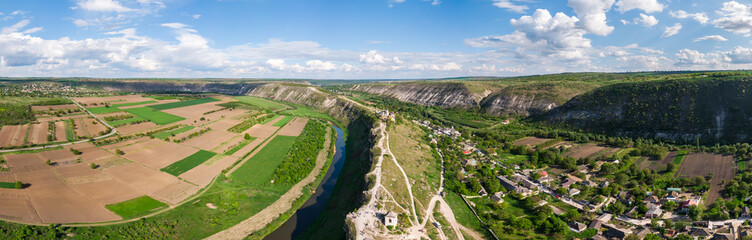 Panorama aerial drone shot of Old Orhei complex