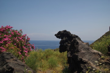 Lavaskulptur und Oleander