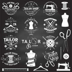 Tailor shop badge. Vector. Concept for shirt, print, stamp label or tee. Vintage typography design with sewing needle and scissors silhouette. Retro design for sewing shop business