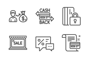 Cashback card, Sallary and Blocked card icons simple set. Sale, Discounts signs. Money payment, Person earnings. Finance set. Line cashback card icon. Editable stroke. Vector