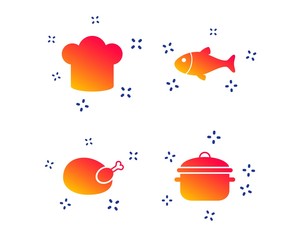 Chief hat and cooking pan icons. Fish and chicken signs. Boil or stew food symbol. Random dynamic shapes. Gradient chicken icon. Vector