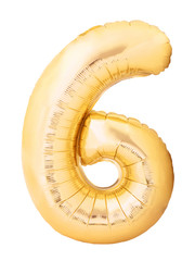 Number 6 six made of golden inflatable balloon isolated on white background. Helium balloon six 6 number. Discount and sale or birthday concept