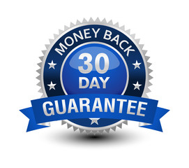 Very powerful, heavy, reliable, blue 30 day money back guarantee badge/seal with ribbon.