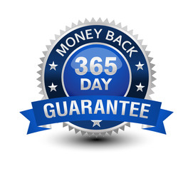 Very powerful, heavy, reliable, blue 365 day money back guarantee badge/seal with ribbon.