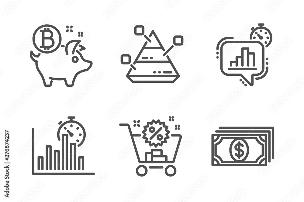 Poster report timer, shopping cart and pyramid chart icons simple set. bitcoin coin, statistics timer and p