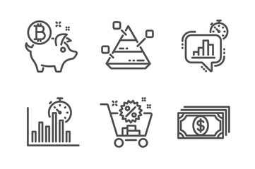 Report timer, Shopping cart and Pyramid chart icons simple set. Bitcoin coin, Statistics timer and Payment signs. Growth chart, Discount. Finance set. Line report timer icon. Editable stroke. Vector