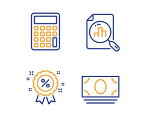 Calculator, Discount and Analytics graph icons simple set. Cash money sign. Accounting device, Sale shopping, Chart report. Banking currency. Finance set. Linear calculator icon. Colorful design set