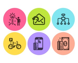 Send mail, Contactless payment and Restructuring icons simple set. Creative idea, Bicycle parking and Payment signs. Sent message, Phone money. Business set. Flat send mail icon. Circle button. Vector