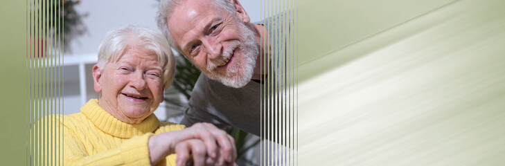 Portrait of happy grandmother with her son; panoramic banner