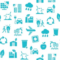 Eco-friendly technology, seamless pattern, white, blue, flat, vector. Clean energy, fuel and food production. Seamless monochrome background. Future technology. Blue icons on a white field. 