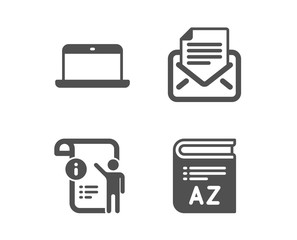 Set of Laptop, Mail correspondence and Manual doc icons. Vocabulary sign. Mobile computer, E-mail newsletter, Project info. Book.  Classic design laptop icon. Flat design. Vector