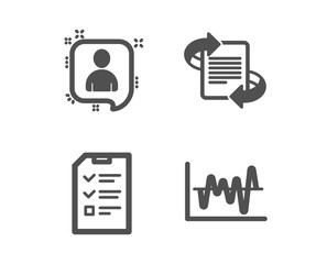 Set of Marketing, Interview and Developers chat icons. Stock analysis sign. Article, Checklist file, Manager talk. Business trade.  Classic design marketing icon. Flat design. Vector