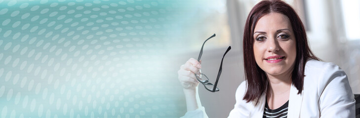 Portrait of young businesswoman; panoramic banner