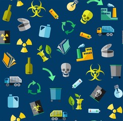 Waste collection and disposal, seamless pattern, blue, color, vector. Garbage collection, different types of waste. Vector, seamless background. Colored, flat icons on a blue background.  