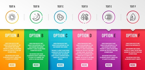 Moon stars, Bacteria and World water icons simple set. Tree, Sun and Water drop signs. Night, Antibacterial. Nature set. Infographic template. 6 steps timeline. Business options. Vector