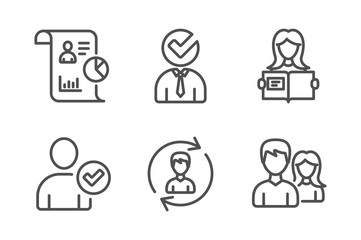 Report, Identity confirmed and Vacancy icons simple set. Human resources, Woman read and Teamwork signs. Work statistics, Person validated. People set. Line report icon. Editable stroke. Vector