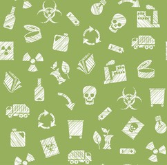 Waste collection and disposal, seamless pattern, green, pencil hatching, vector. Garbage collection, different types of waste. Vector, seamless background. Imitation of pencil hatching.  