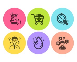 Music phone, Water drop and Support consultant icons simple set. Timer, Add products and Quiz test signs. Radio sound, Clean aqua. Business set. Flat music phone icon. Circle button. Vector