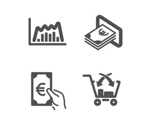 Set of Finance, Cash and Infographic graph icons. Cross sell sign. Eur cash, Atm payment, Line diagram. Market retail.  Classic design finance icon. Flat design. Vector