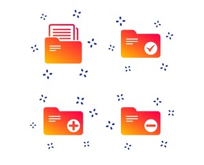 Accounting binders icons. Add or remove document folder symbol. Bookkeeping management with checkbox. Random dynamic shapes. Gradient accounting icon. Vector