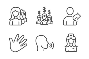 Salary employees, Human sing and Refer friend icons simple set. Hand, Women headhunting and Hospital nurse signs. People earnings, Talk. People set. Line salary employees icon. Editable stroke. Vector