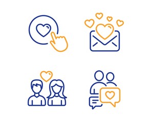 Couple love, Love mail and Like button icons simple set. Dating chat sign. Valentines letter. Love set. Linear couple love icon. Colorful design set. Vector