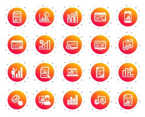 Graph icons. Set of Chart presentation, Report, Increase growth graph icons. Analytics testing, Falling demand, Pie chart report. Calendar statistics, Stats. Ab testing, Increase sales. Vector