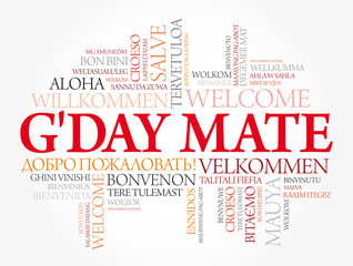 G'day Mate (Welcome in Australian) word cloud in different languages, conceptual background