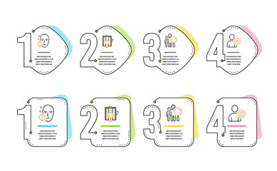 Search people, Elevator and Face protection icons simple set. Security sign. Find employee, Lift, Secure access. Person protection. People set. Infographic timeline. Line search people icon. Vector