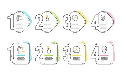Algorithm, Swipe up and User info icons simple set. Face biometrics sign. Developers job, Touch technology, Update profile. Facial recognition. People set. Infographic timeline. Line algorithm icon
