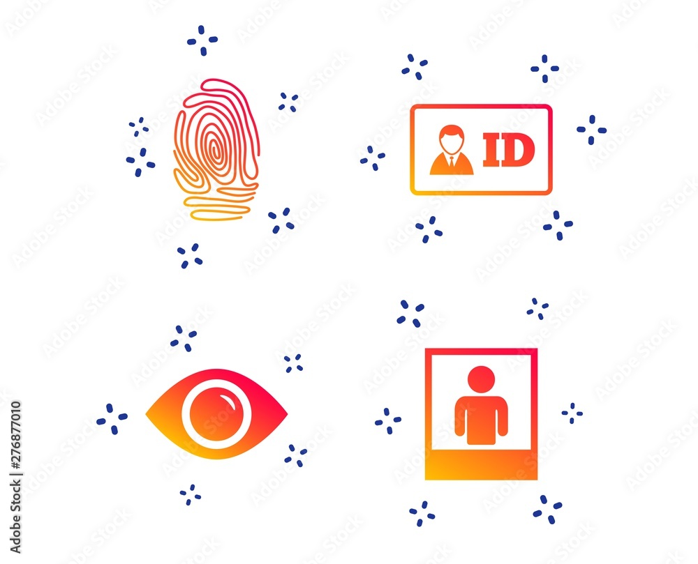 Aufkleber identity id card badge icons. eye and fingerprint symbols. authentication signs. photo frame with hu