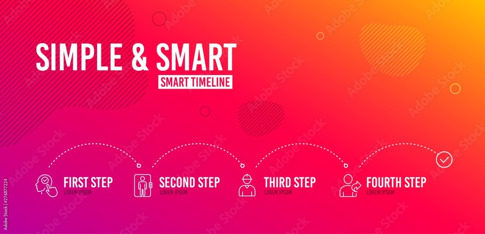 Poster infographic timeline. select user, engineer and elevator icons simple set. refer friend sign. head w