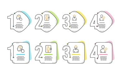 Select user, Engineer and Elevator icons simple set. Refer friend sign. Head with checkbox, Worker profile, Office transportation. Share. People set. Infographic timeline. Line select user icon