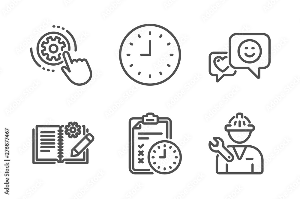 Poster exam time, cogwheel settings and engineering documentation icons simple set. smile, clock and repair