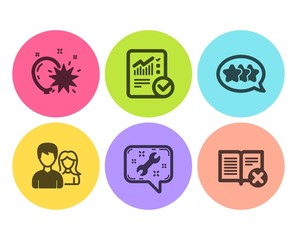 Checked calculation, Teamwork and Stars icons simple set. Balloon dart, Spanner and Reject book signs. Statistical data, Man with woman. Business set. Flat checked calculation icon. Circle button