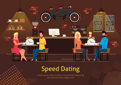 Speed Dating in Restaurant Flat Vector Poster