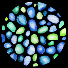 colorful watercolor spots on black background in a circle for use in design, cover, banner