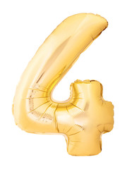 Number 4 four made of golden inflatable balloon isolated on white background. Helium balloon four 4...