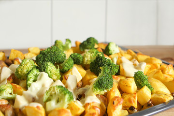 Baked potatoes with meat, spices, broccoli, champignon mushrooms and cheese