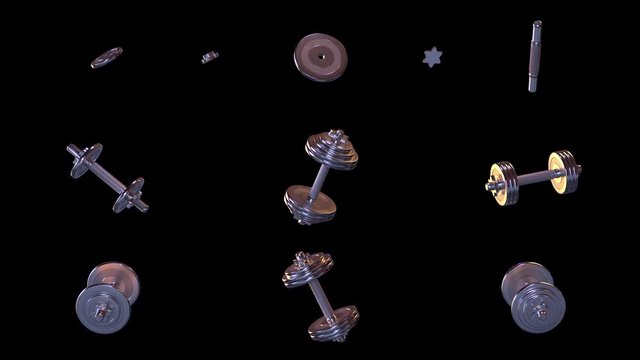 Spinning dumbbells in cold-warm lighting. Pure black background. Animation is seamlessly looped. Contains alpha channel.