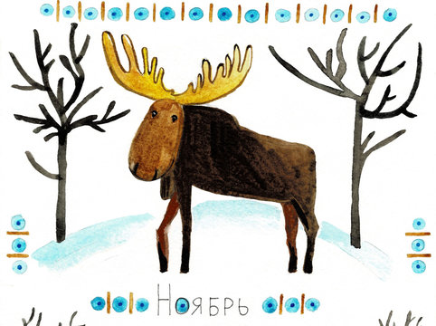 Moose in the winter forest. Watercolor illustration.