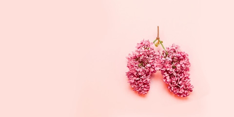 Medical concept of pink flowers in the shape of a lung on a light pink background with place for...