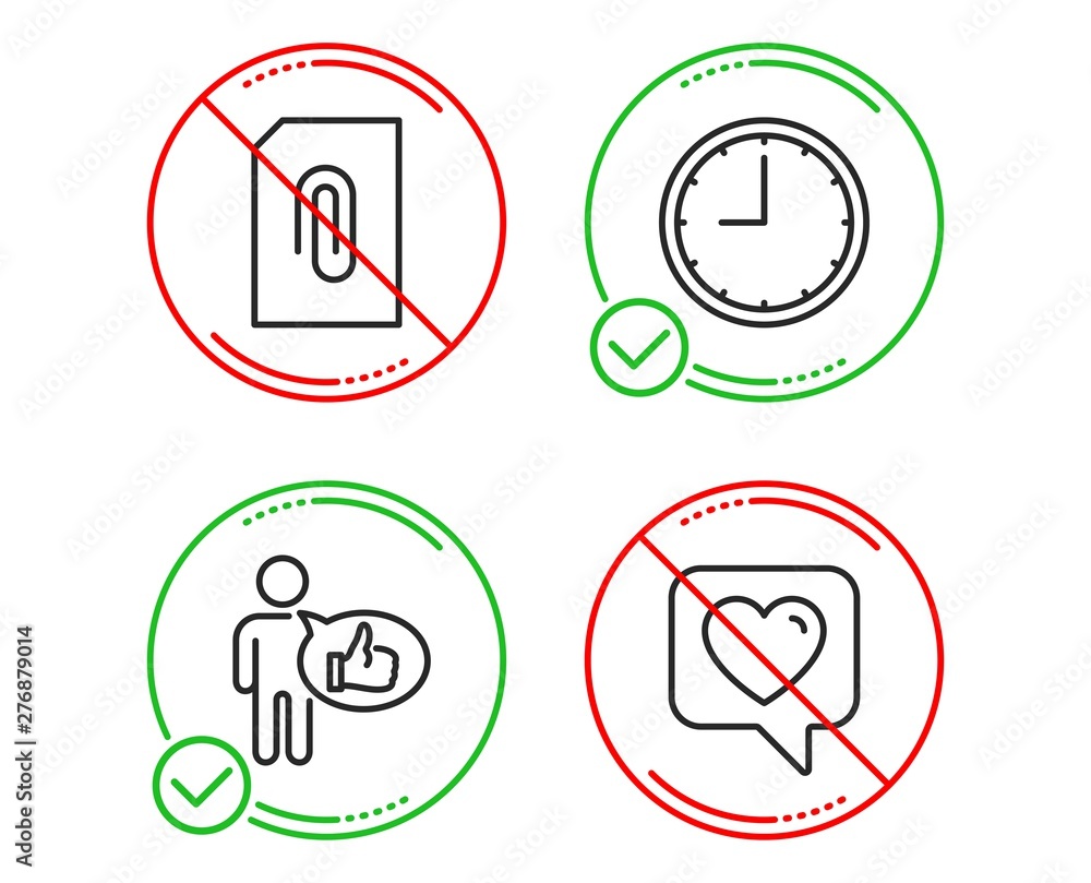 Poster do or stop. attachment, time and like icons simple set. heart sign. attach document, office clock, t