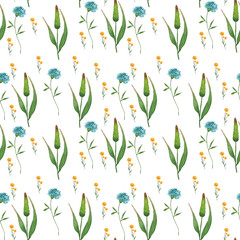 Beautiful watercolor floral and herbs seamless pattern with colorful flowers and leaves on white background. Botanical hand drawn illustration. Vintage wallpaper spring and summer season.