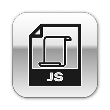 Black JS file document icon. Download js button icon isolated on white background. JS file symbol. Silver square button. Vector Illustration