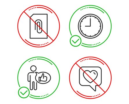 Do or Stop. Attachment, Time and Like icons simple set. Heart sign. Attach document, Office clock, Thumbs up. Like rating. Line attachment do icon. Prohibited ban stop. Good or bad. Vector